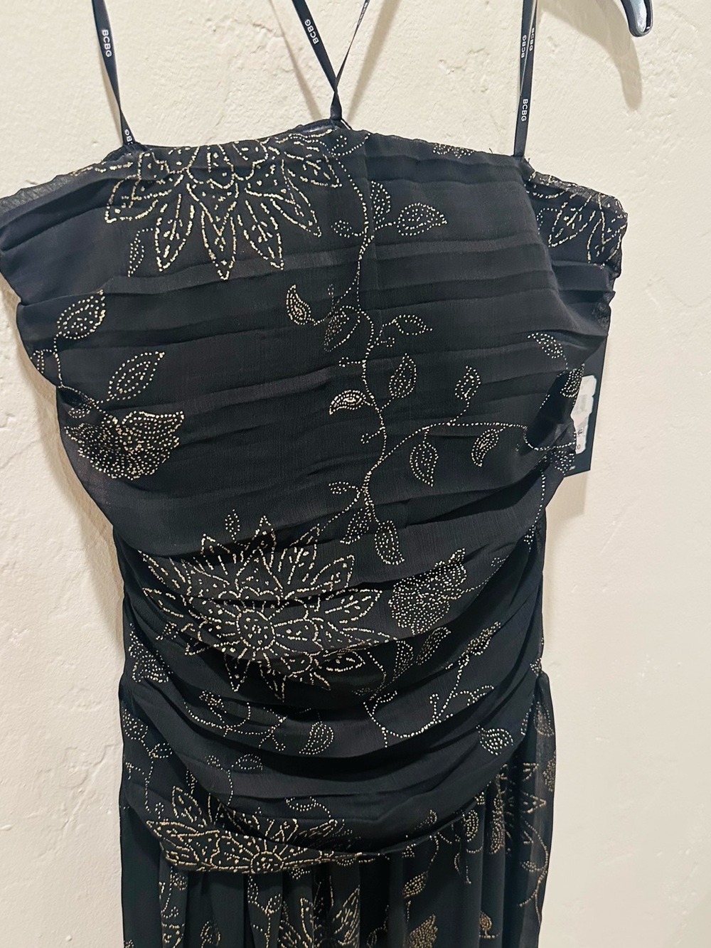 NWT BCBG Foil Pleated Strapless Maxi Dress Size 10 Black & Gold Sheer - Picture 5 of 12